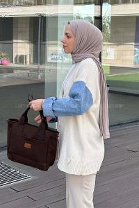 Lamelif Kolları Kot Detaylı Tasarım Triko Hırka Ekru