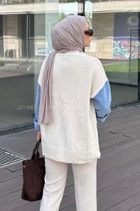 Lamelif Kolları Kot Detaylı Tasarım Triko Hırka Ekru