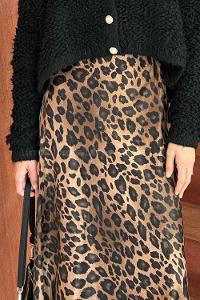 Lamelif Leopar Detaylı Saten Etek Kahverengi