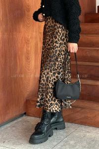 Lamelif Leopar Detaylı Saten Etek Kahverengi