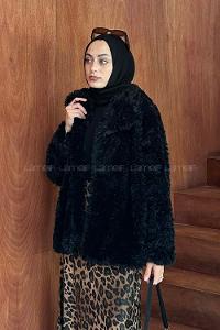 Lamelif Peluş Detaylı Mont Siyah