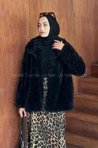 Lamelif Peluş Detaylı Mont Siyah