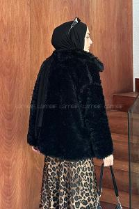 Lamelif Peluş Detaylı Mont Siyah