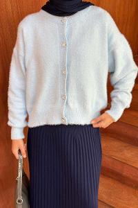 Blue Medium Crew Neck Long Arm Poplin Fabric Cardigan