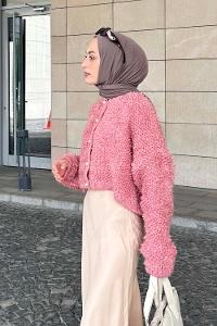 Lamelif Yumoş Havlu Desen Hırka Pembe