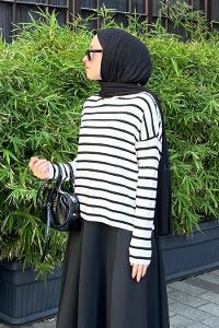 Lamelif Çizgili BalIkçı Kazak Beyaz