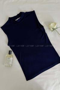 Navy Blue Crew Neck Zero Arm Combed Fabric Body