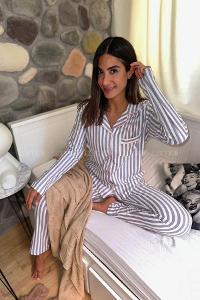 Lamelif Çizgi Desenli Süet Kumaş Pijama Takım Seti