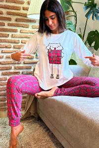 Lamelif Fun Times Kahve Desenli Termal Pijama Takımı Kırmızı