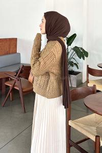 Lamelif İnci Detaylı Triko Kazak Sütlü Kahve