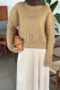 Lamelif İnci Detaylı Triko Kazak Sütlü Kahve