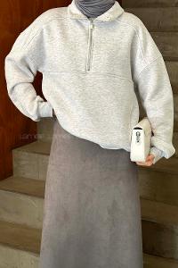 Lamelif Ön Yarım Fermuar Detaylı Sweat Açık Gri