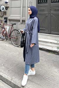 Lamelif Bağlamalı Uzun Kimono Gri