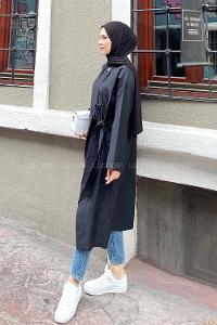 Lamelif Bağlamalı Uzun Kimono Siyah