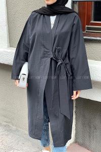 Lamelif Bağlamalı Uzun Kimono Siyah
