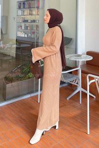 Lamelif Fitilli Kol Ve Etek Ucu Manşetli Triko Tesettür Elbise Sütlü Kahve