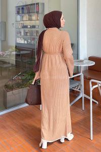 Lamelif Fitilli Kol Ve Etek Ucu Manşetli Triko Tesettür Elbise Sütlü Kahve