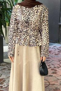 Lamelif Leopar Desen İkili Süet Tesettür Takım Sütlü Kahve
