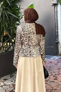 Lamelif Leopar Desen İkili Süet Tesettür Takım Sütlü Kahve