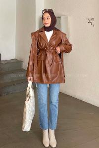 Brown Normal Neck Long Arm Skin Jacket