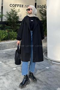 Lamelif Ön Açık Kuşaklı Trenç Siyah