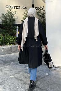 Lamelif Ön Açık Kuşaklı Trenç Siyah