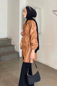 Lamelif Regular Fit Düğmeli Kuşaklı Deri Trençkot Kahverengi