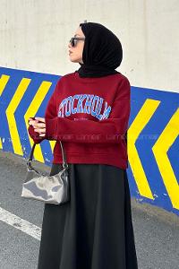 Lamelif Stockholm Baskı Detaylı Crop Sweat Bordo
