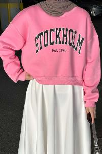 Lamelif Stockholm Baskı Detaylı Crop Sweat Pembe