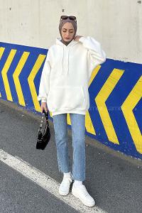 Lamelif Üç İplik Kanguru Cep Sweatshirt Beyaz