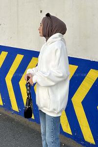 Lamelif Üç İplik Kanguru Cep Sweatshirt Beyaz