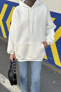 Lamelif Üç İplik Kanguru Cep Sweatshirt Beyaz