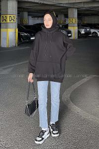 Lamelif Üç İplik Kanguru Cep Sweatshirt Siyah