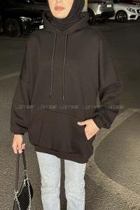 Lamelif Üç İplik Kanguru Cep Sweatshirt Siyah