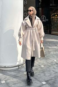 Lamelif Balon Kol Örme Kaşe Kaban Bej