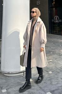 Lamelif Balon Kol Örme Kaşe Kaban Bej