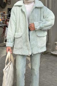 Lamelif Kol Detaylı Fermuarlı Teddy Mont Mint