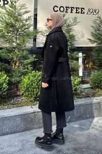 Lamelif Omuz Filetolu Kol Apoletli Kaşe Kaban Siyah