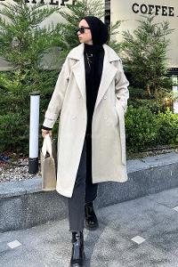 Lamelif Omuz Filetolu Kol Apoletli Kaşe Kaban Taş Rengi