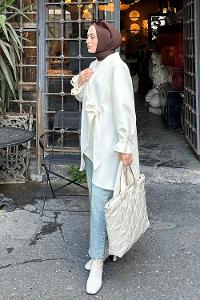 Lamelif Ön Bağlamalı Kaşe Kimono Ekru