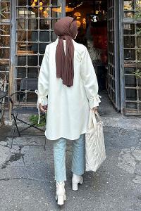 Lamelif Ön Bağlamalı Kaşe Kimono Ekru