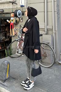 Lamelif Ön Bağlamalı Kaşe Kimono Siyah