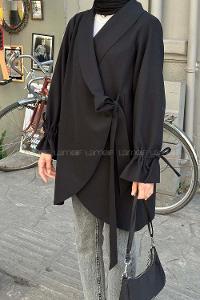 Lamelif Ön Bağlamalı Kaşe Kimono Siyah