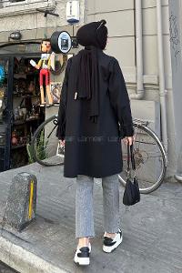 Lamelif Ön Bağlamalı Kaşe Kimono Siyah