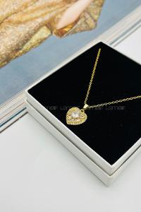 Lamelif 925 Ayar Çelik Kristal Taşlı Kalp Kolye Gold