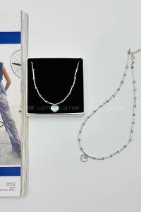 Lamelif Dorika Boncuklu Kalp Charmlı Tasarım Kolye Gümüş