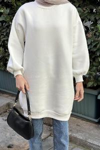 Lamelif  Üç İplik Balon Kol Tunik  Beyaz