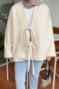 Lamelif Bağlamalı Kaşe Mont Ekru