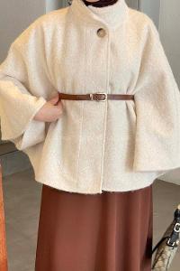 Cream Mandarin Collar Stamp Fabric Poncho