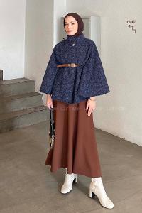 Navy Blue Mandarin Collar Stamp Fabric Poncho